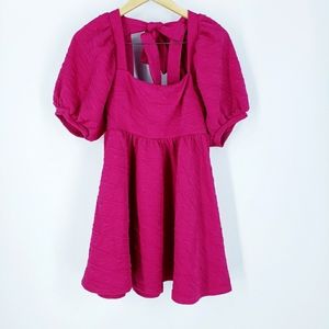 Free People Fuchsia Textured Mini Dress with Puff Sleeves